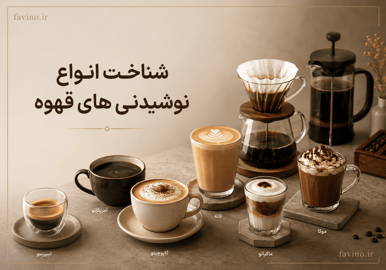 انواع نوشیدنیهای قهوه شامل اسپرسو، لاته، کاپوچینو، موکا و قهوه دمی